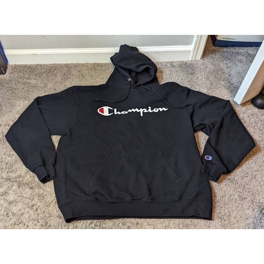 Champion Hoodie Sweatshirt Mens SZ L BLACK BIG LOGO